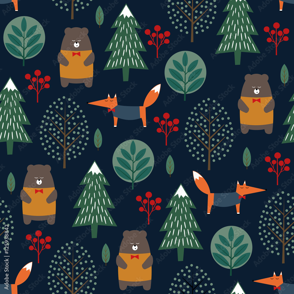 Tapeta Fox, bear, trees and berries