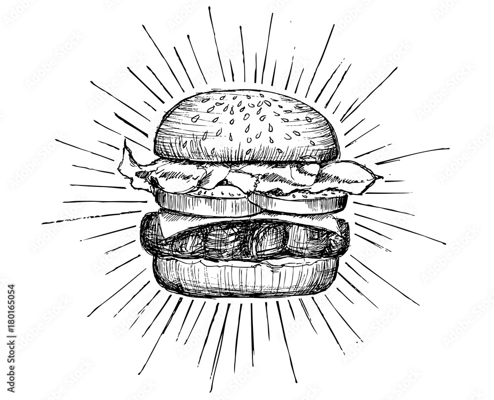 Obraz Tryptyk Vector vintage burger drawing.