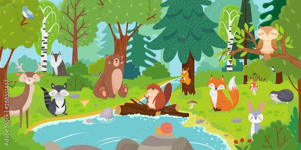 Obraz Tryptyk Cartoon forest animals. Wild