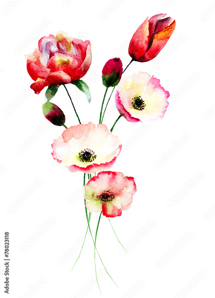 Obraz na płótnie Poppy and Tulips flowers